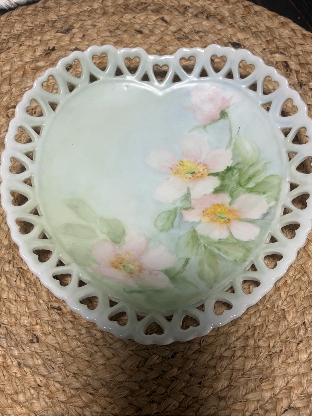 Heart-Shaped Porcelain Dish with Hand-Painted Pink Floral Design